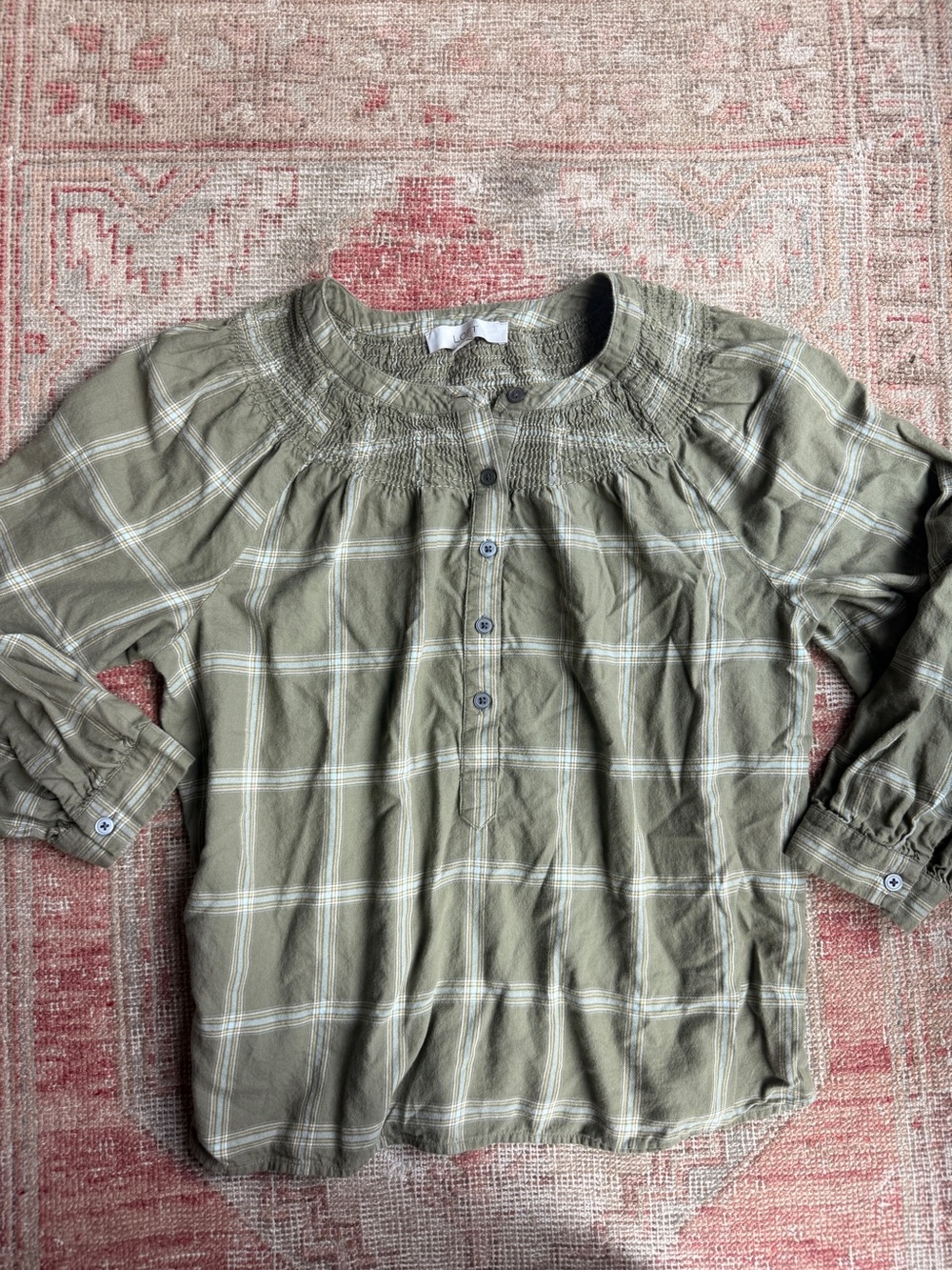 Cottagecore Olive Plaid Smocked Yoke Button-Up Tunic Top